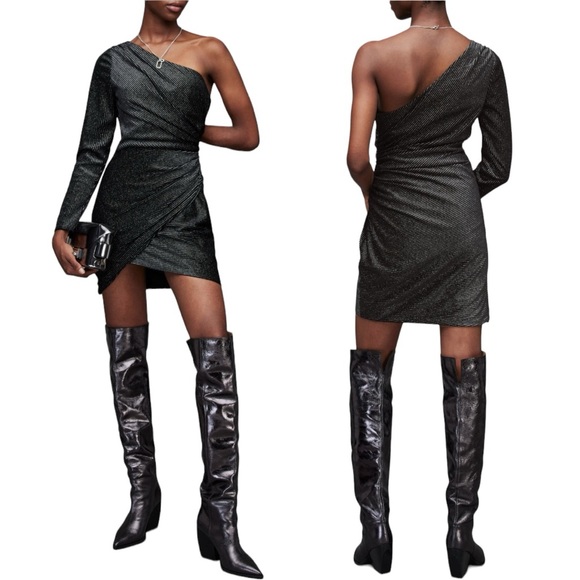 AllSaints Ezra Sparkle One-Shoulder Minidress in Black Size US 10 - Picture 5 of 13